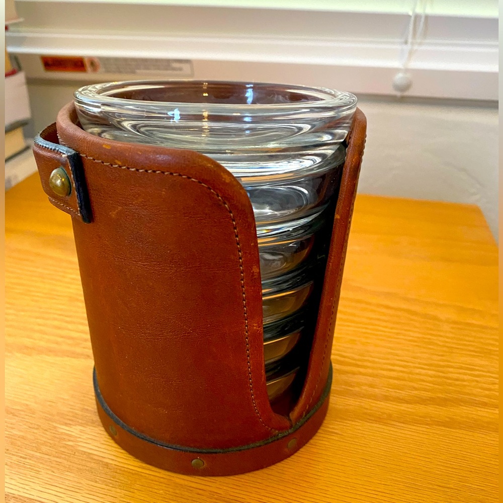 Bosca Vintage 1960’s leather cased glass coaster set rare brass rivets MCM Italy